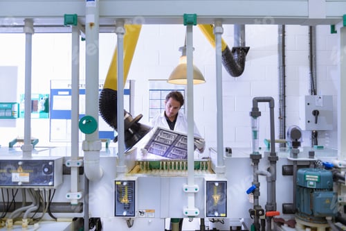 Preview: Workers inspecting circuit board by processing plant in circuit board factory