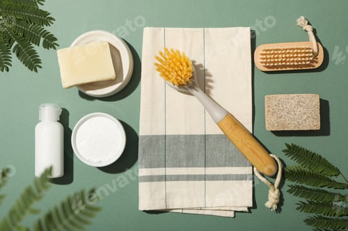 Preview: Towel, brushes, natural cleaning products and branches on green background, top view