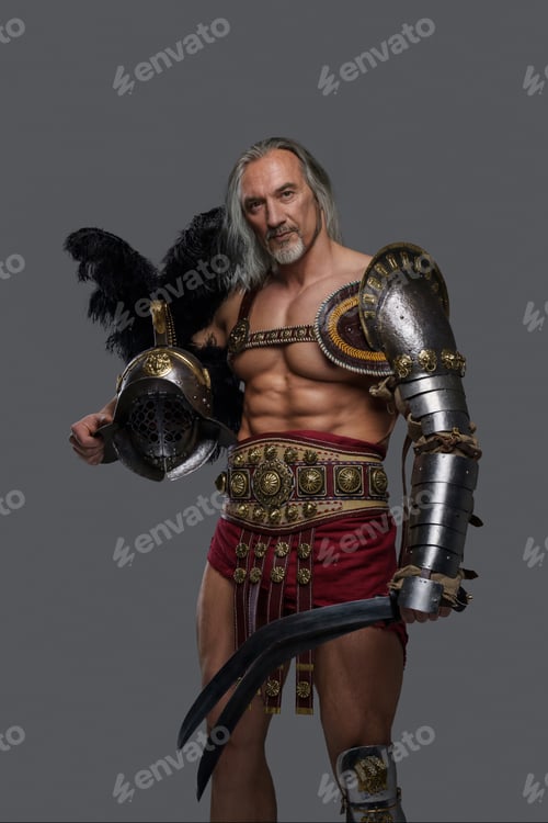 Preview: Aged but still mighty muscular gladiator with long grey hair and beard