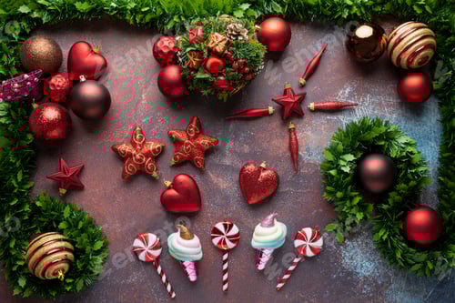 Preview: Christmas background with baubles, stars, lollipops and fir tree