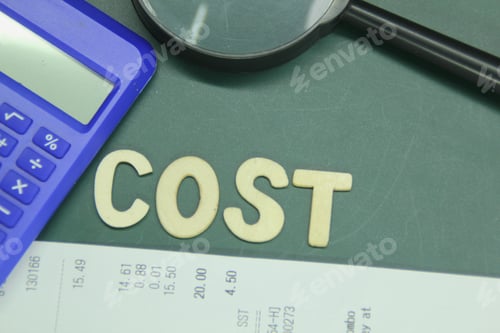Preview: receipt, calculator, magnifying glass with the word cost.