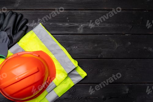 Preview: Construction worker hardhat and fluorescent vest top view