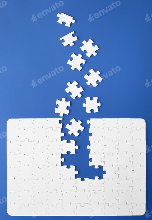 Preview: On a blue background, white puzzles and the missing piece