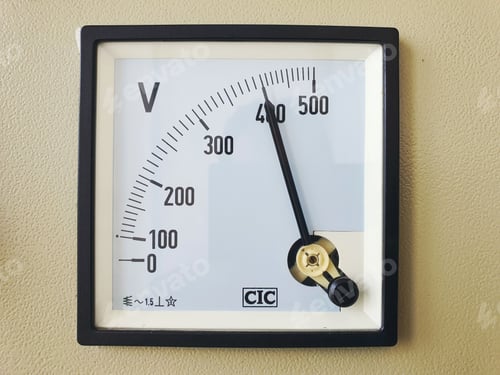 Preview: Analog high voltage alternating current voltmeter dial. the scale reads five hundred volts.