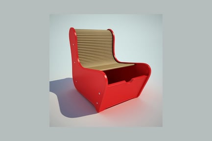 Preview: Armchair with curved back, slatted seat, and storage compartment