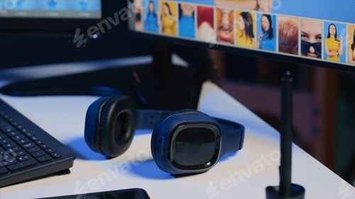 Preview: Creative agency studio desk with photo processing software on screens, graphic tablet and camera