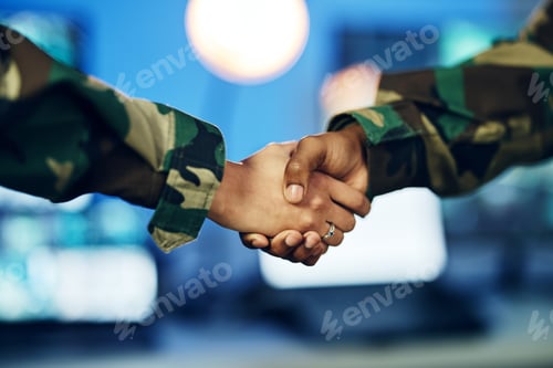 Preview: Military, army or shaking hands for partnership, teamwork or deal in war, agreement or unity togeth