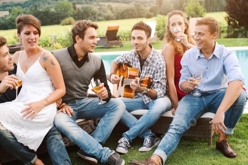 Preview: Group of young friends enjoying a party pool side at sunset