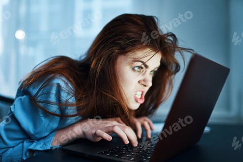 Preview: emotional woman in front of laptop at night work disorder