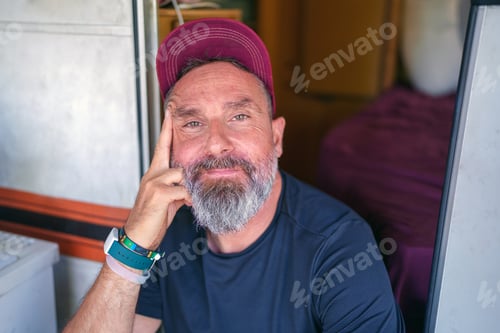 Preview: Mature traveler with beard resting on camper doorstep, wearing baseball cap