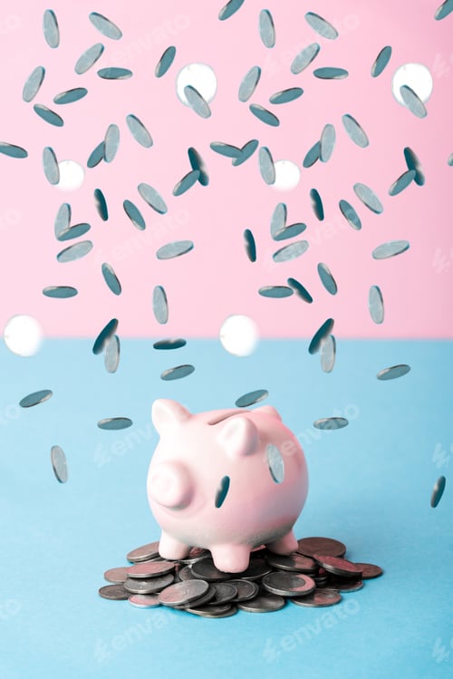 Preview: falling silver coins near piggy bank on blue and pink