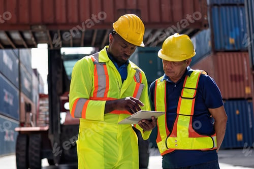 Preview: 3 engineer working in container storage yard talking about quality prepare to delivery