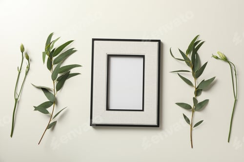 Preview: Fresh plants and wooden photo frame on white background, top view