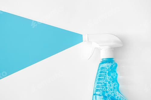 Preview: Flat lay, glass and surface cleaning spray, cleaning concept.