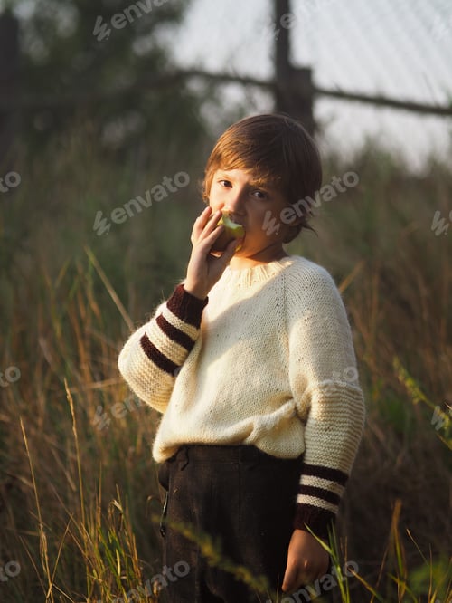 Preview: A cute little boy with short dark hair in a white knitted sweater stands in a field and eats apple.