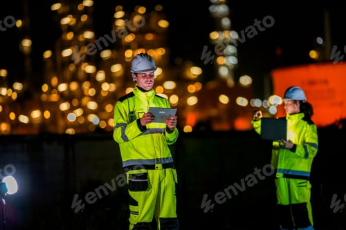 Preview: Two night-shift industrial workers in safety gear exchange a cheerful high five,