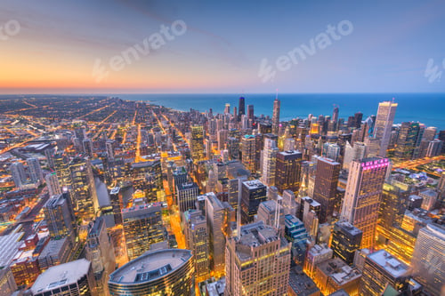 Preview: Chicago, Illinois USA aerial skyline after sunset.