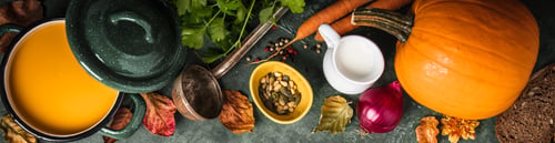Preview: Pumpkin soup on green vintage background, banner