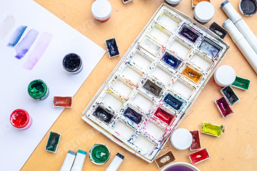 Preview: Watercolor paints. Creative mess. Art and mess.