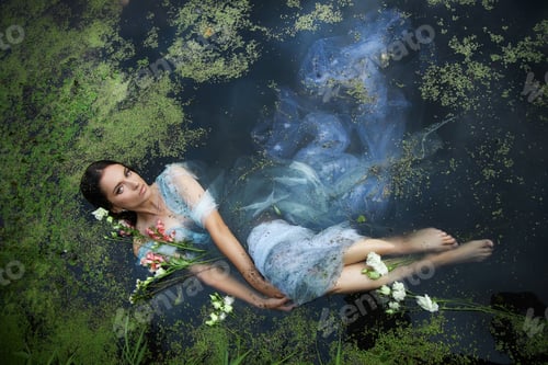 Preview: Art beautiful romantic woman lies in swamp in blue long dress with flowers. Portrait brunette in