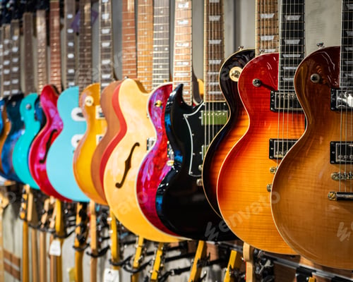 Preview: Row of acoustic and electric guitars different color in a music instruments shop