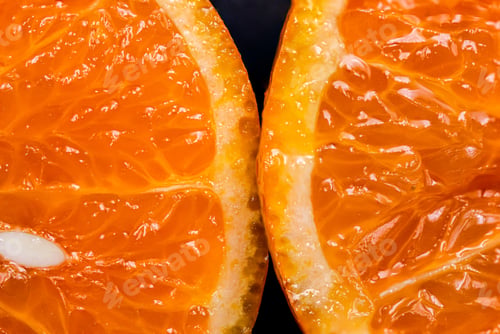 Preview: Oranges on a black background. One orange is cut in half, the other is whole.
