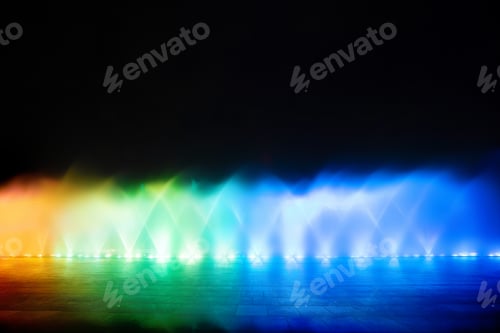Preview: Colorful lights with blurry fountain, water show on black background in city at night