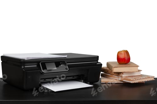 Preview: Working table with printer and stacked books on white abckground