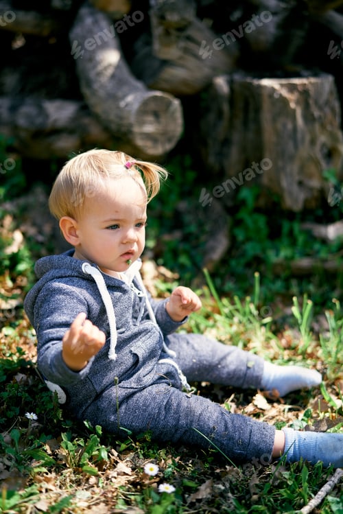 Preview: Little girl in overalls sits on the grass near the stumps