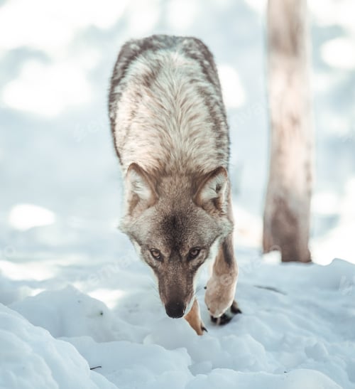 Preview: Wolf on hill near stones and snow