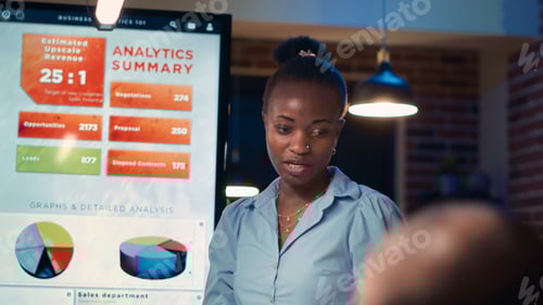 Preview: Businesswoman reading report, giving presentation in business meeting