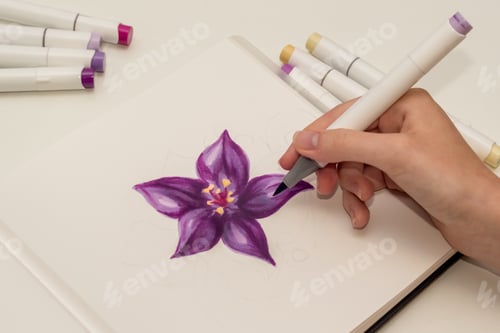 Preview: Hand drawing purple flower sketch with alcohol based sketch drawing markers.