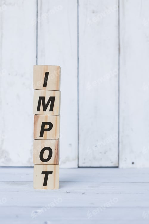 Preview: impot word or concept on wood blocks, white wood background
