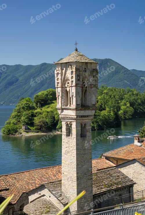 Preview: Elevated view of Ossuccio bell tower, Lake Como, Italy