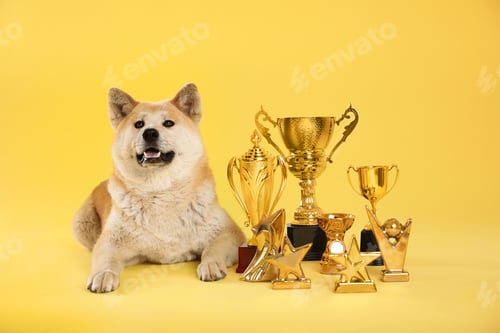 Preview: Adorable Akita Inu dog with champion trophies on yellow background