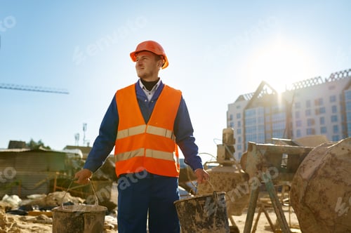 Preview: Builder holding bucket over construction site background