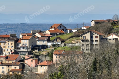 Preview: Aerial view of dense historic center of Thiers town in Puy-de-Dome department