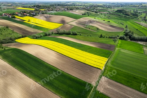 Preview: Colorful patterns in crop fields at farmland, aerial view, drone photo