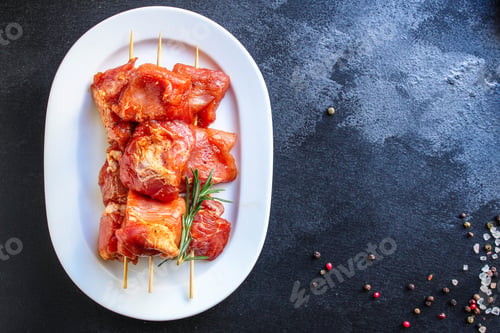 Preview: Raw Meat Pork Or Beef In A Plate On The Table (Preparing Healthy Food, Marinade And Spices Paprika)
