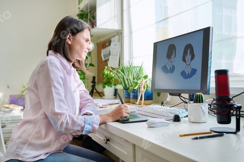 Preview: Young female graphic designer drawing sketch on graphics tablet