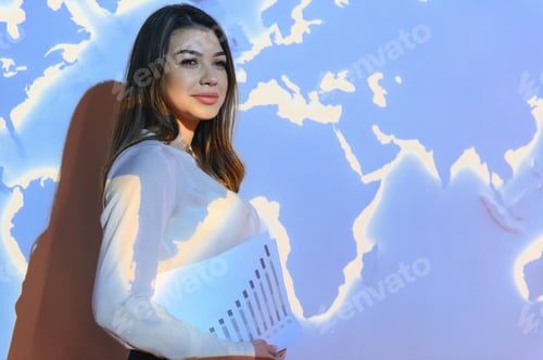 Preview: Globe business concept - happy business woman with world map background.
