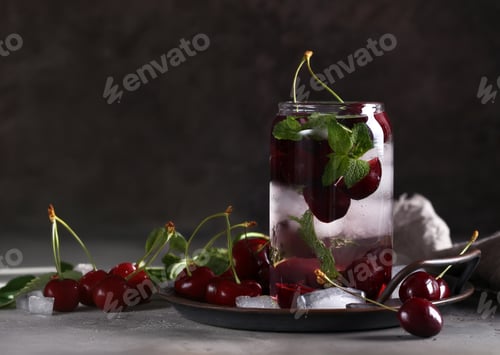 Preview: summer drink cherry lemonade with ice and mint
