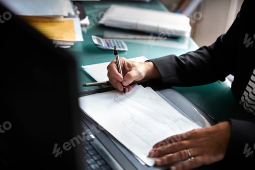 Preview: A man sitting at a desk in an office, drawing, designing and sketching.