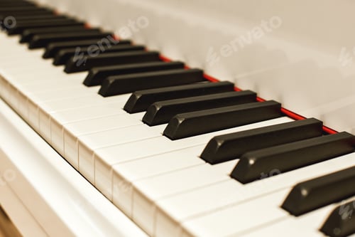 Preview: Musical journey. Side view of piano keyboard with black and white keys. Musical instrument