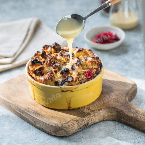 Preview: Bread pudding. Traditional English breakfast casserole with apples and vanilla sauce.