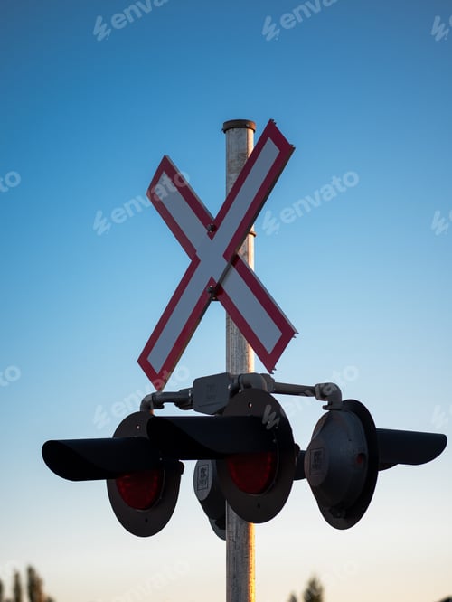Preview: Vertical shot of railway crossing mechanism in Airdrie, Alberta
