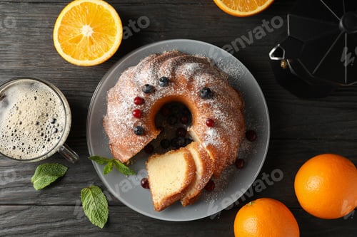 Preview: Cake with powdered sugar, berries and mint on wooden background, top view