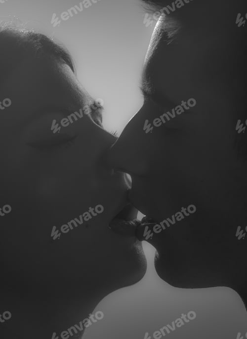 Preview: Two People Kissing Sensual Intimate Close-Up, Black And White.