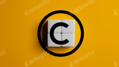 Preview: Copyright symbol on wooden blocks on yellow background. Concept of patenting or copyright protection