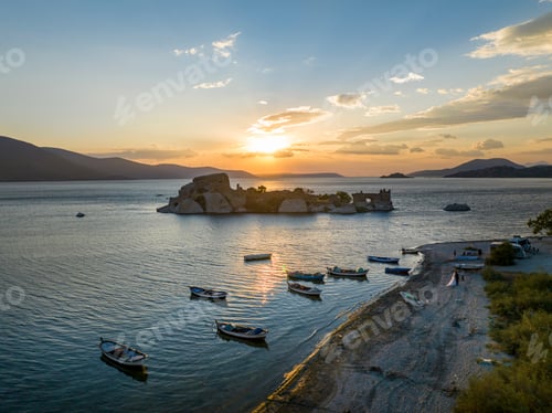 Preview: View of Old church building ruins of Heraklia ancient city Bafa Lake of Aegean district at sunset